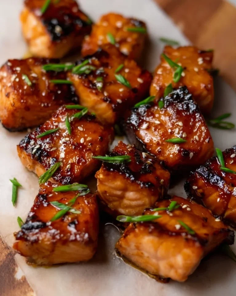 Plate of air fryer honey garlic salmon bites garnished with herbs.