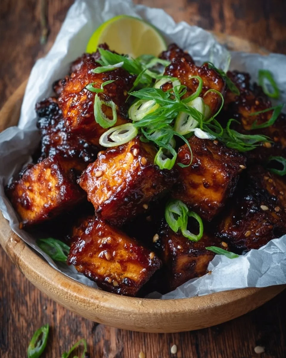 Delicious Air Fryer BBQ Tofu served on a plate with dipping sauce and fresh herbs