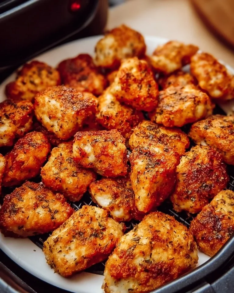 Crispy air fryer boneless chicken bites served on a plate with dipping sauce