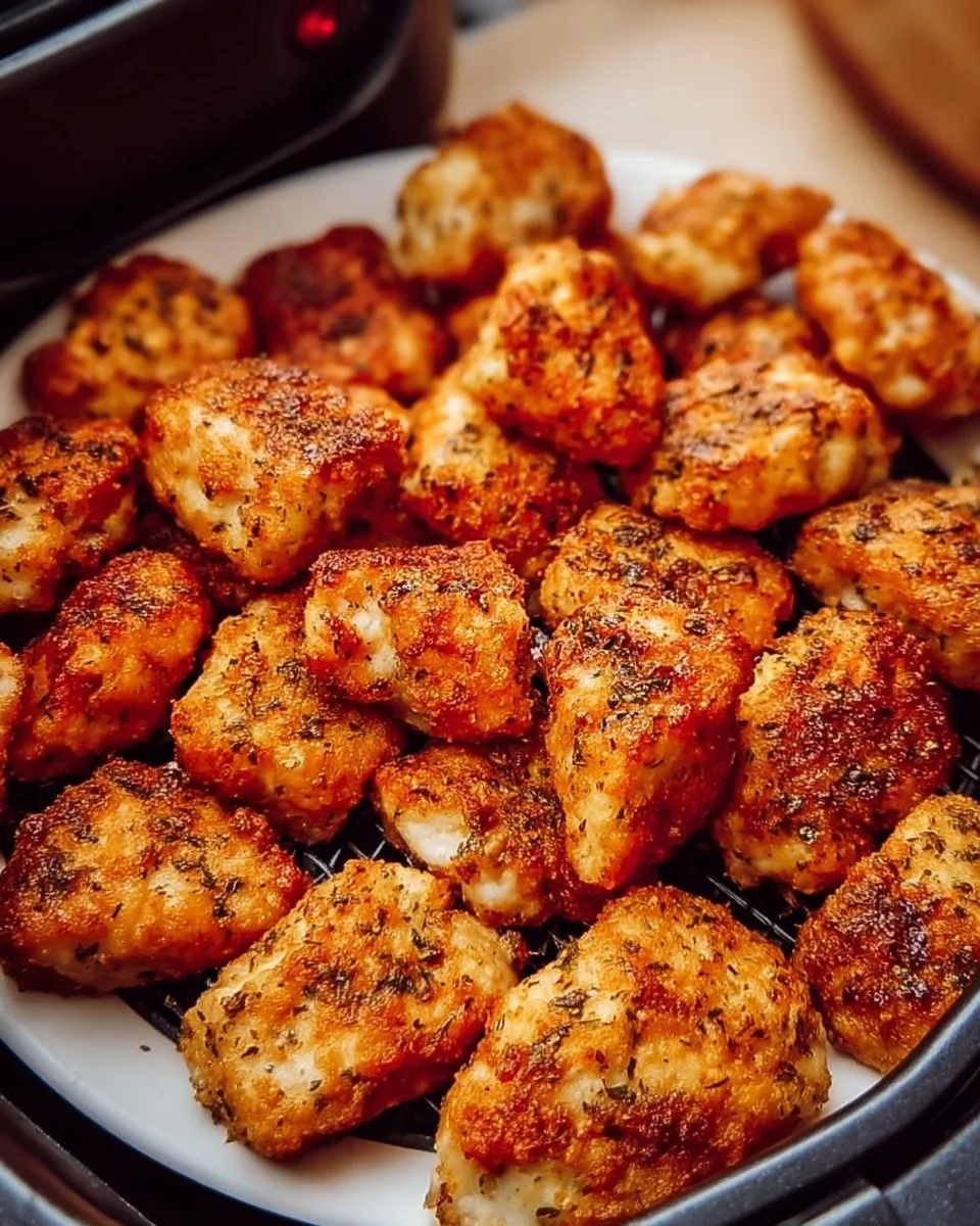 Crispy air fryer boneless chicken bites served on a plate with dipping sauce