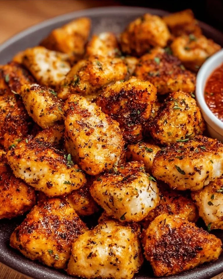 Crispy air fryer boneless chicken bites served on a plate.