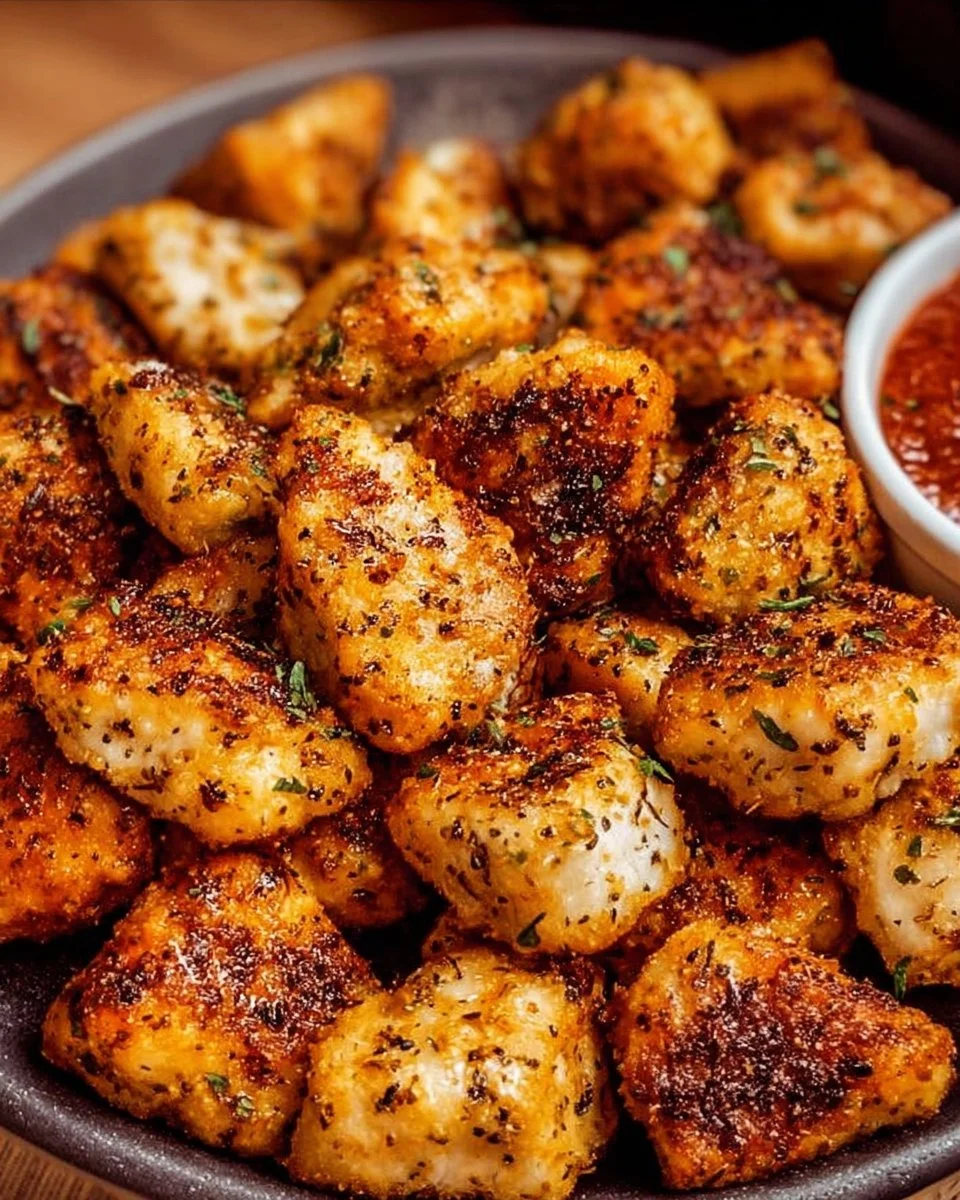 Crispy air fryer boneless chicken bites served on a plate.