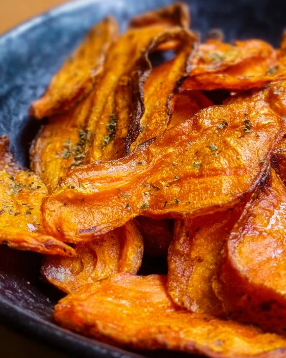 Crispy air fryer carrot chips on a plate, healthy snack option
