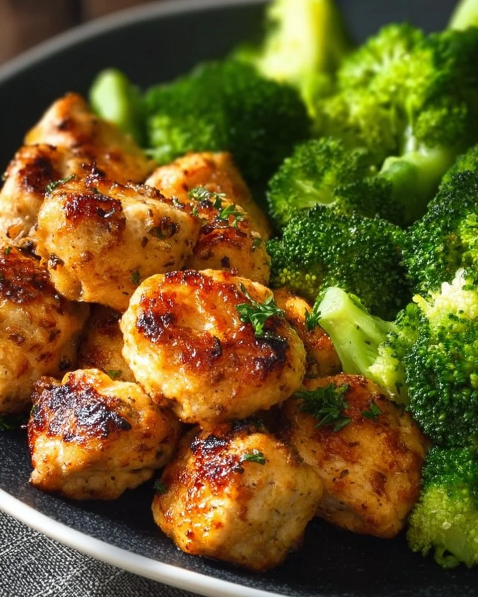 Crispy air fryer chicken bites served with broccoli on a plate