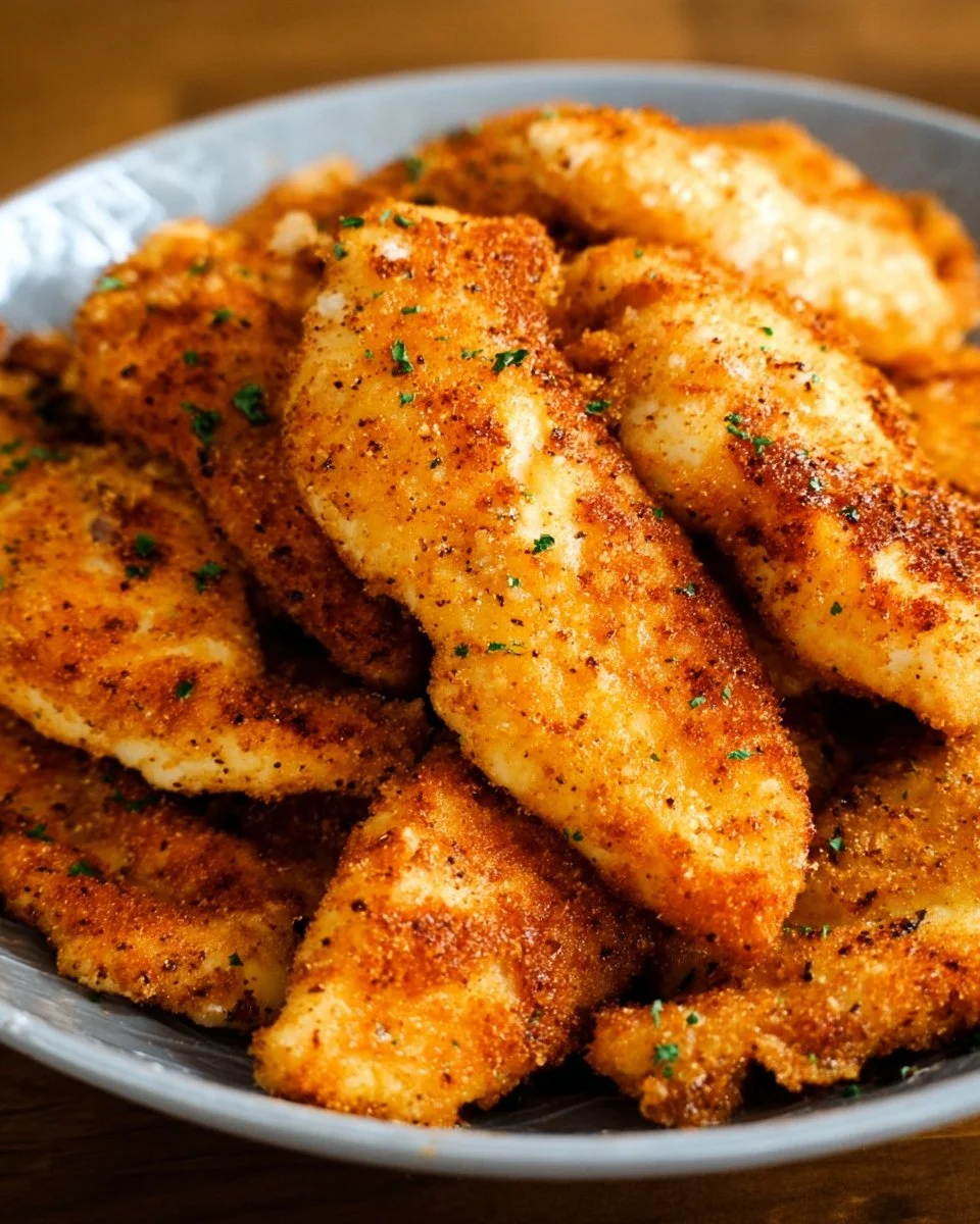 Air fryer unbreaded chicken tenders displayed on a plate
