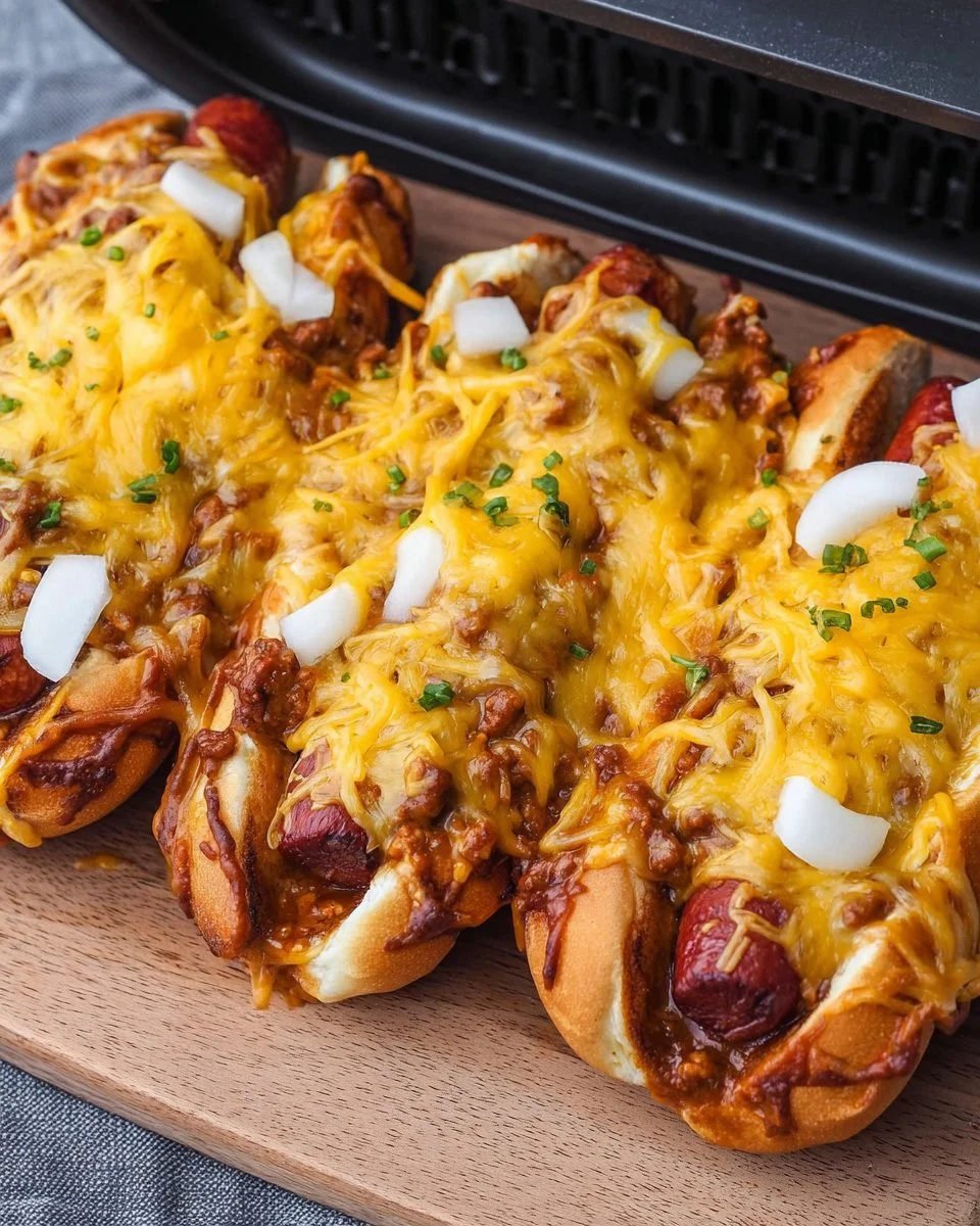 Air Fryer Chili Cheese Dogs topped with cheese and chili, served on a bun.