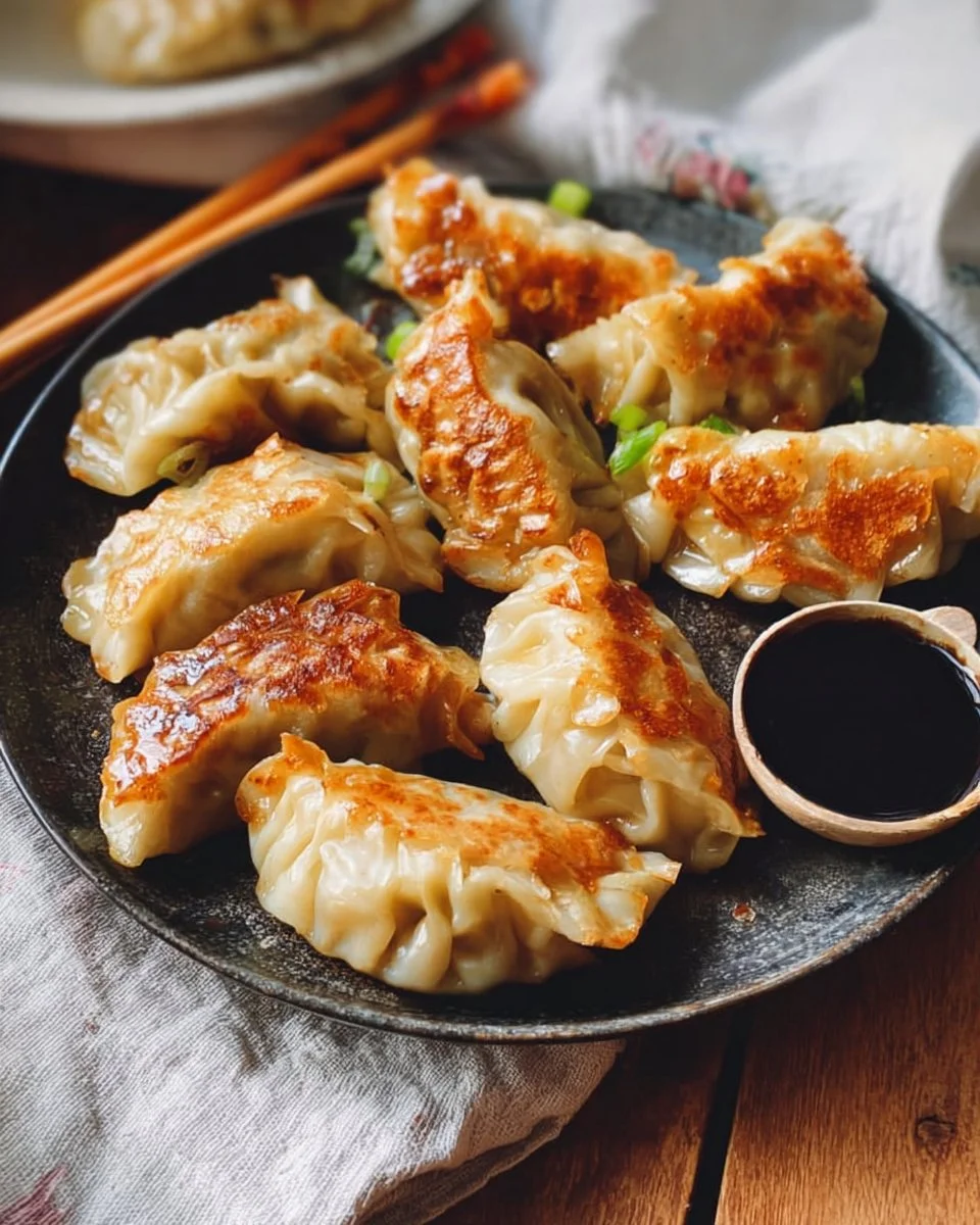 Golden brown air fryer dumplings served on a white plate