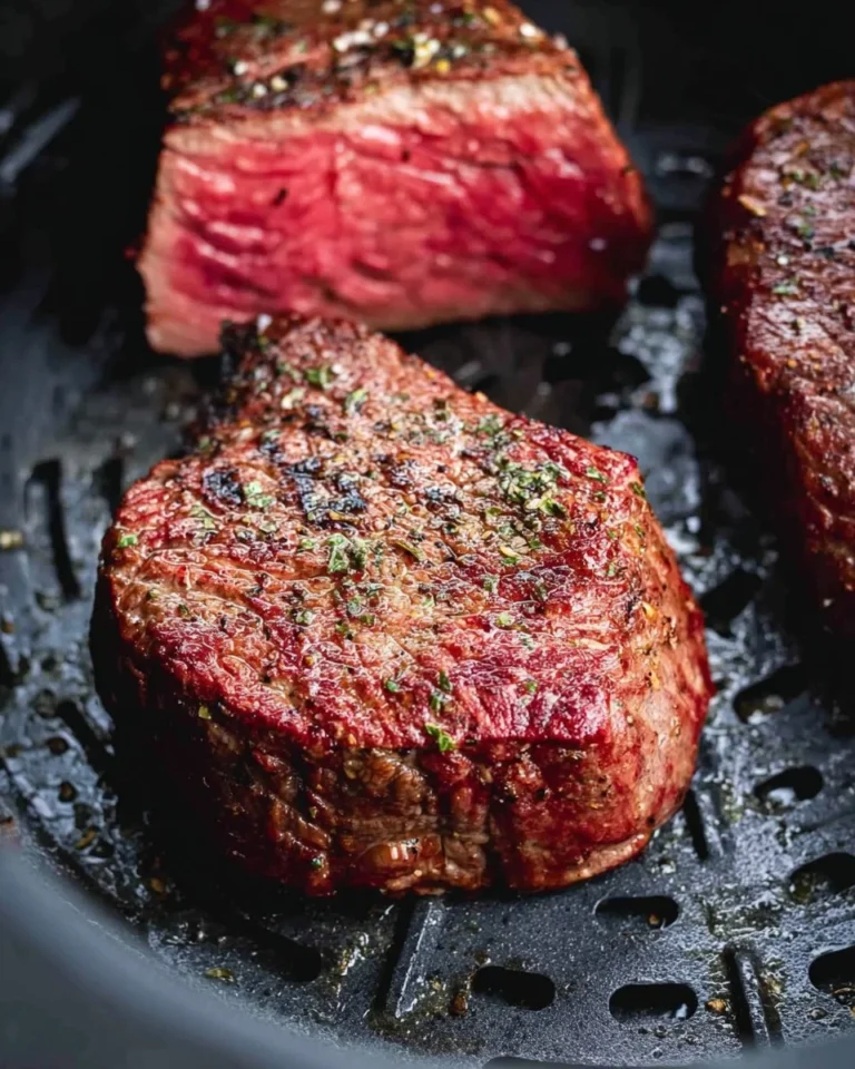 Delicious air fryer filet mignon cooked to perfection with spices and herbs.