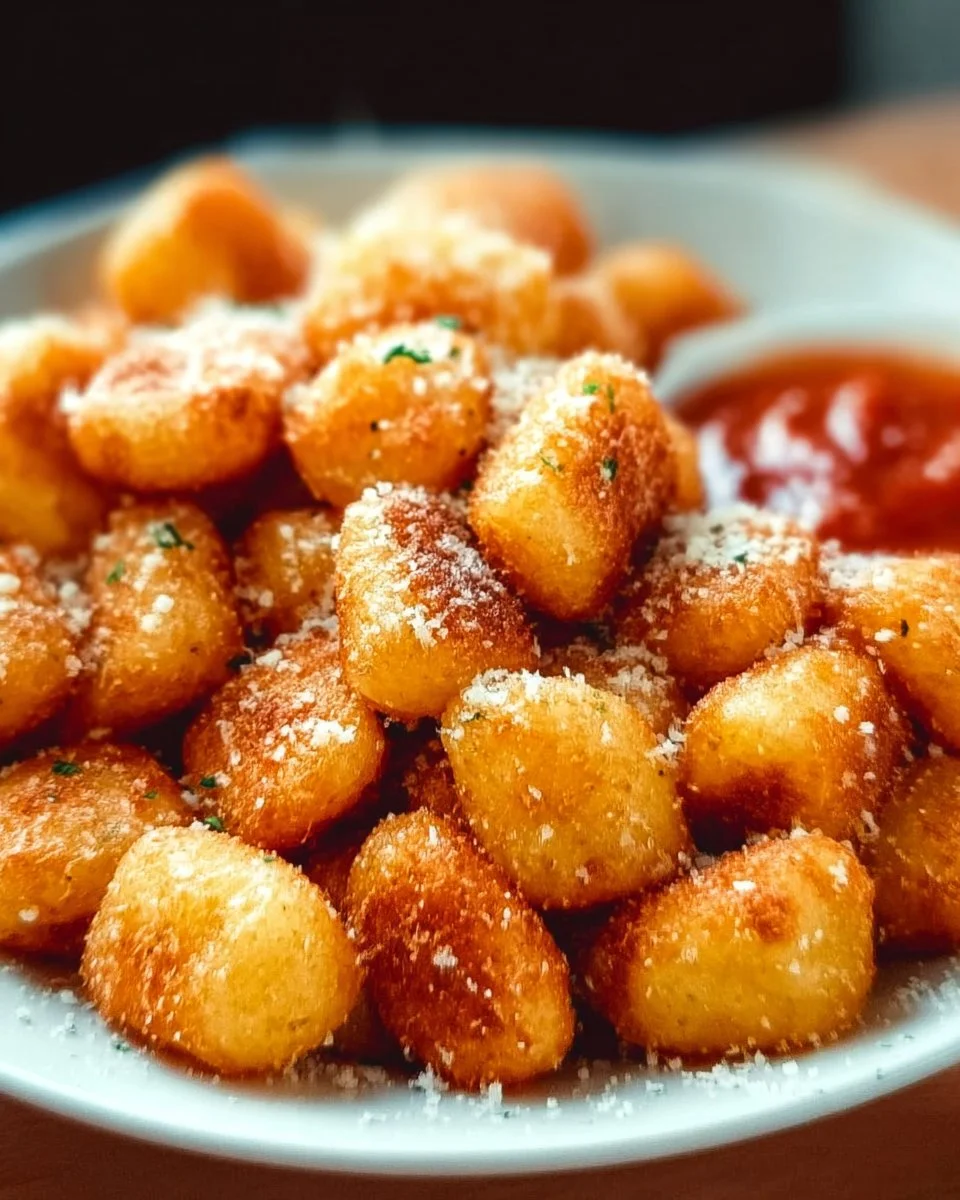 Crispy air fryer gnocchi served in a bowl with herbs and sauce.