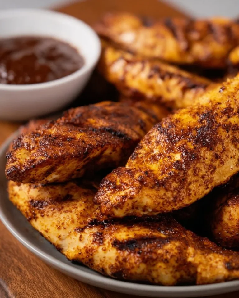 Delicious air fryer grilled chicken tenders served with dipping sauce.