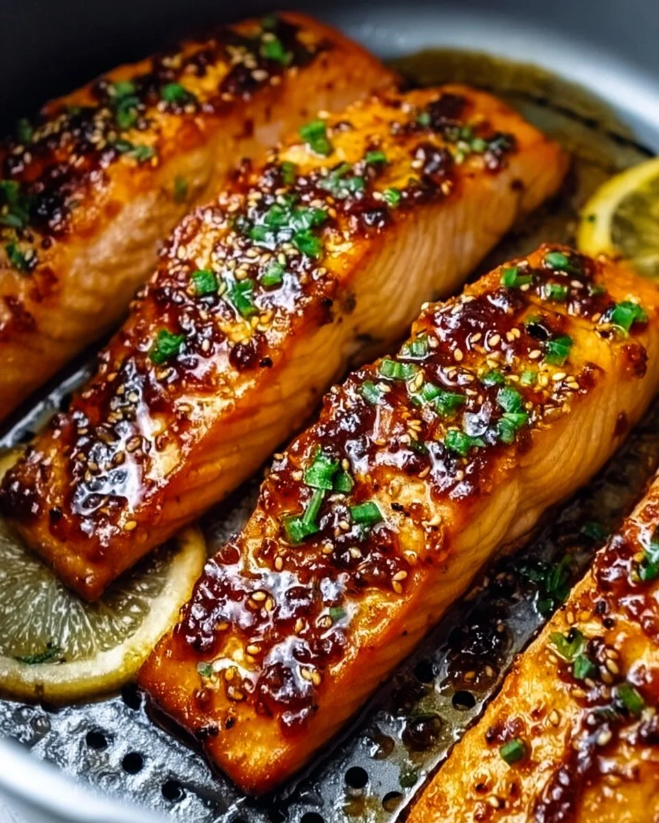 Air Fryer Honey Garlic Salmon served on a plate with fresh garnish