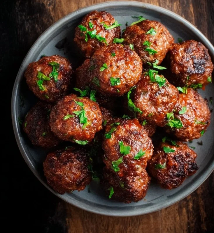 Delicious air fryer meatballs served on a plate with fresh herbs and sauce.