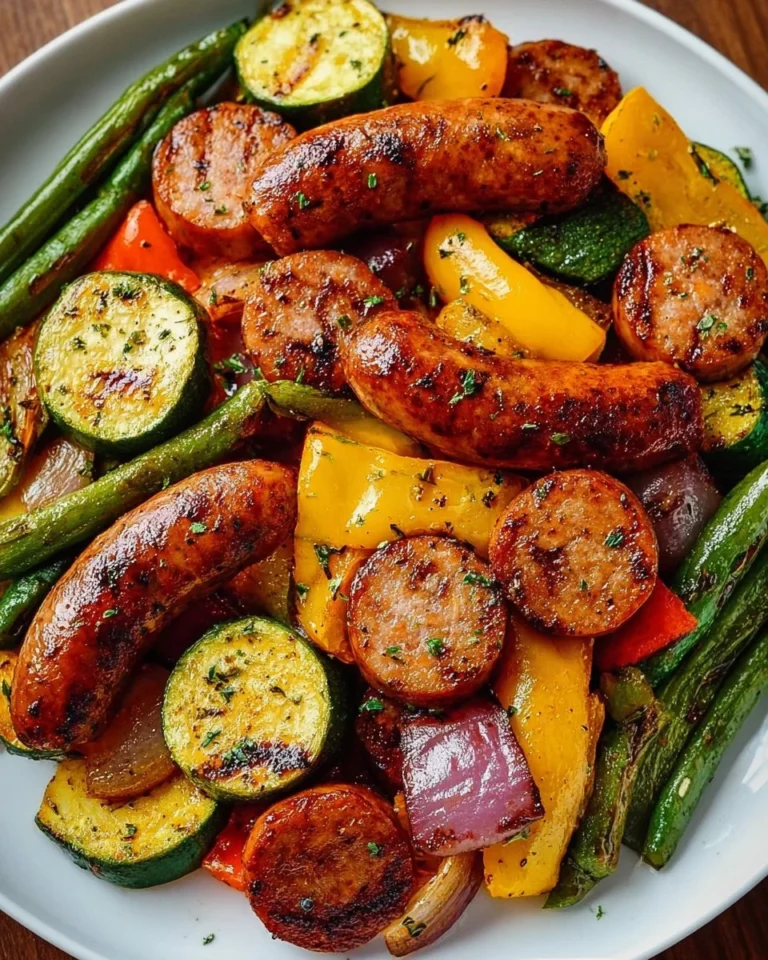 Air fryer sausage and veggies served in a bowl, ready to eat.