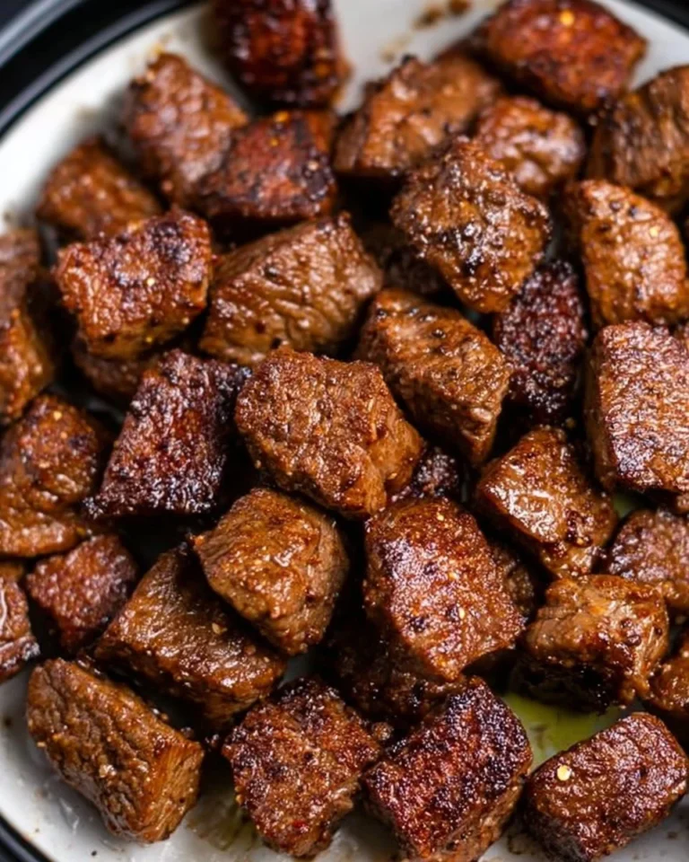 Plate of succulent air fryer steak bites, perfectly cooked for a savory snack.