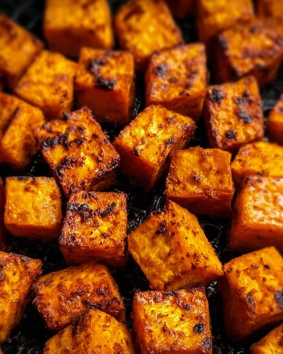 Crispy air fryer sweet potato cubes served in a bowl.
