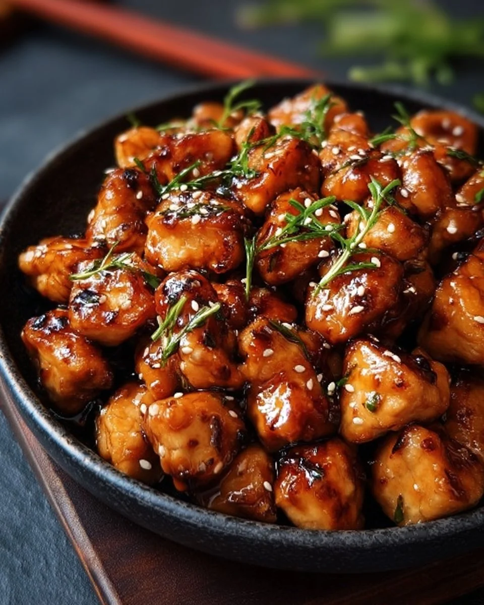 Juicy Air Fryer Teriyaki Chicken served with sesame seeds and green onions