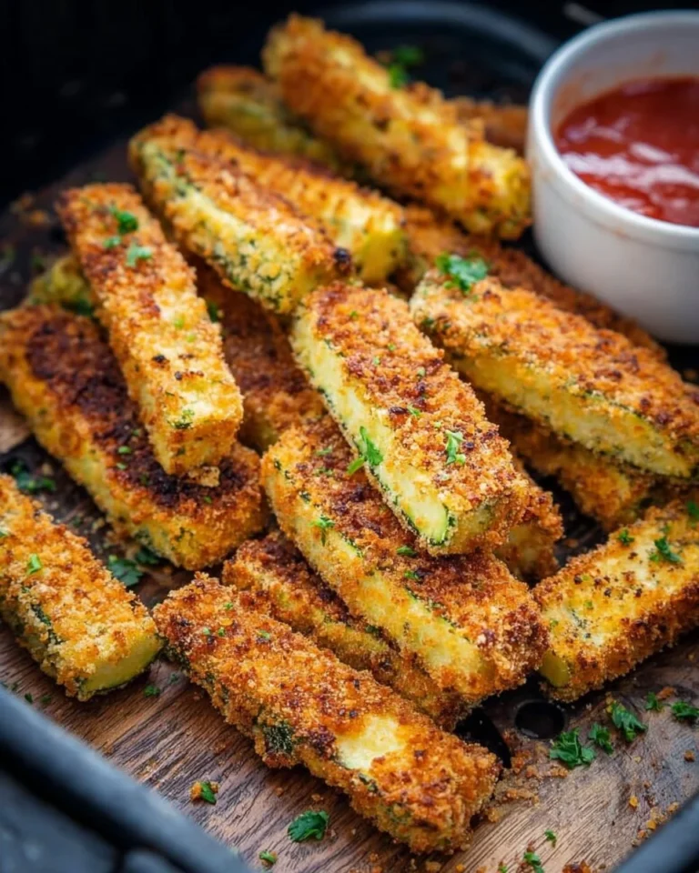 Delicious air fryer zucchini fries served with dipping sauce