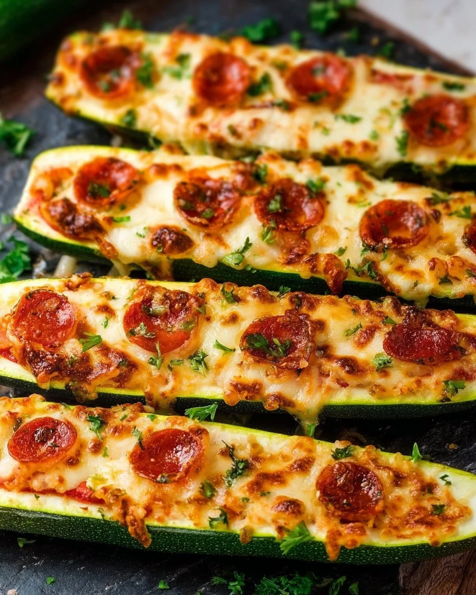 Delicious air fryer zucchini pizza boats topped with cheese and vegetables