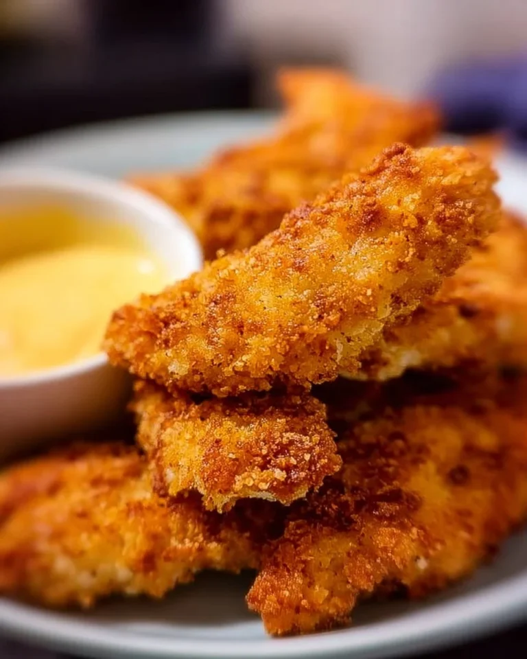 Golden breaded air fryer chicken tenders served with dipping sauce