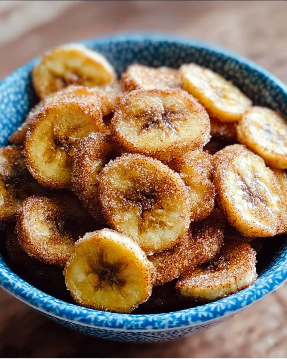 Cinnamon-sugar air fryer banana chips in a bowl