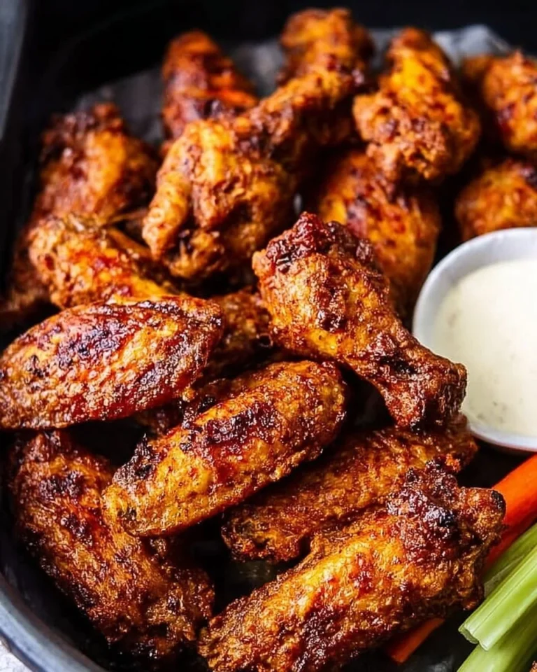 Air fryer copycat Hooters wings served with dipping sauce on a plate