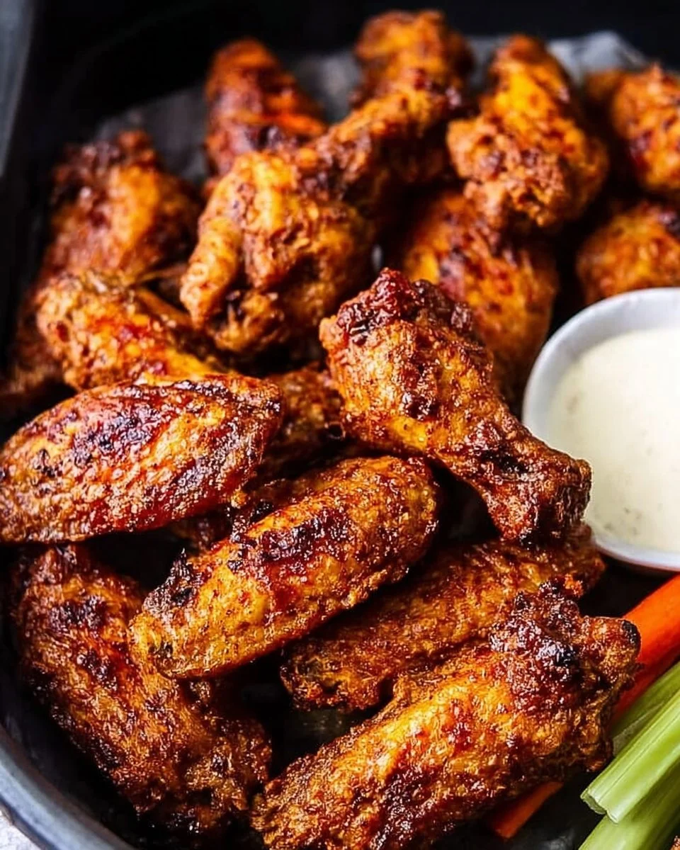 Air fryer copycat Hooters wings served with dipping sauce on a plate