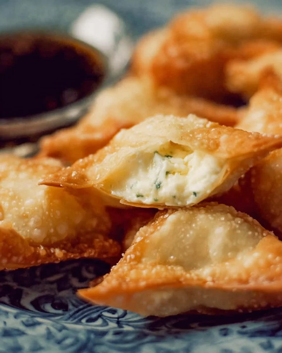 Plate of crispy cream cheese wontons served with dipping sauce