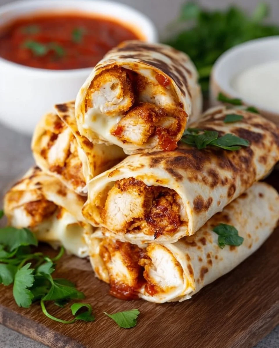Crispy air fryer chicken and mozzarella wraps served on a plate