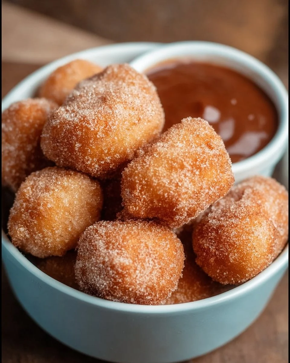 Crispy air fryer churro bites served with chocolate sauce