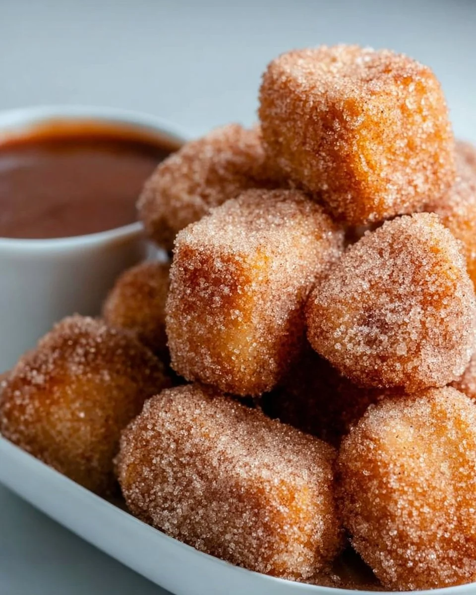 Crispy air fryer churro bites served on a plate with cinnamon sugar