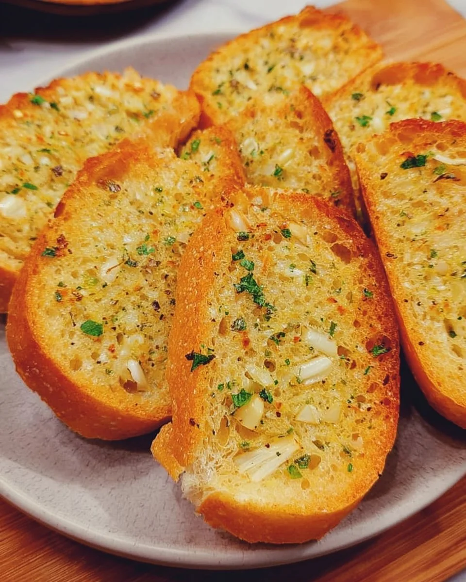 Crispy air fryer garlic bread served with herbs and garlic spread.