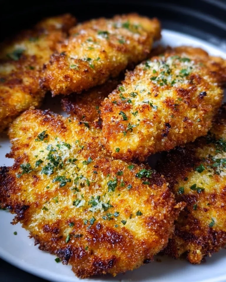 Plate of crispy air fryer parmesan chicken garnished with herbs