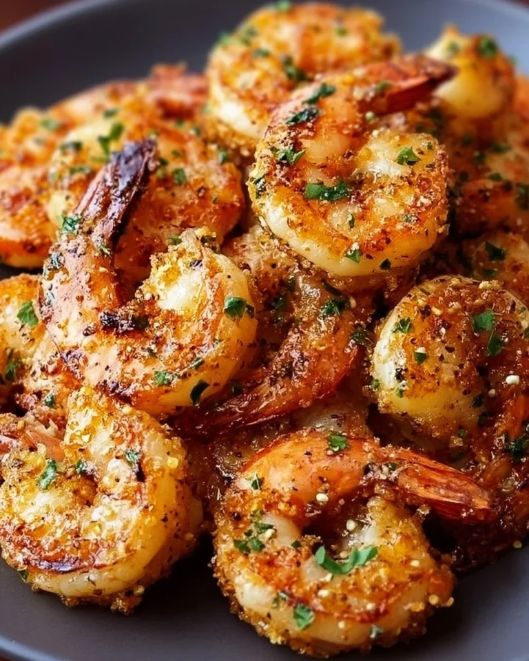 Crispy garlic butter shrimp made in an air fryer, garnished with herbs.