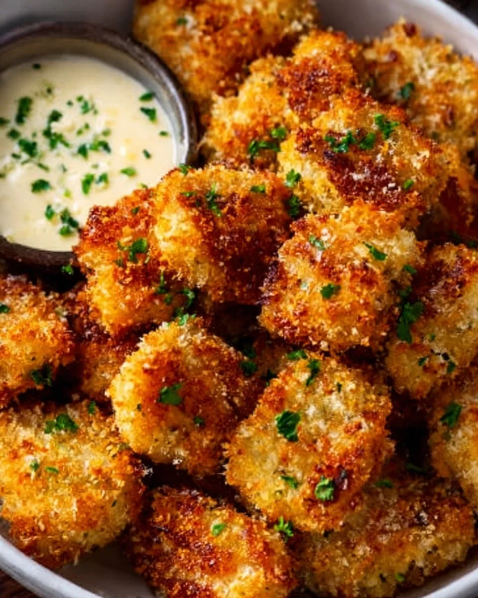 Crispy garlic Parmesan chicken bites served on a plate with herbs