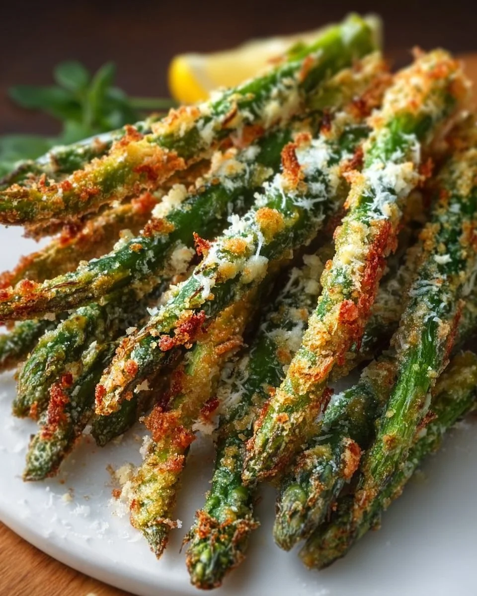 Crispy Parmesan asparagus fries served in a bowl with dipping sauce