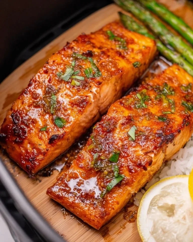 Delicious air fryer honey garlic salmon plated with fresh herbs