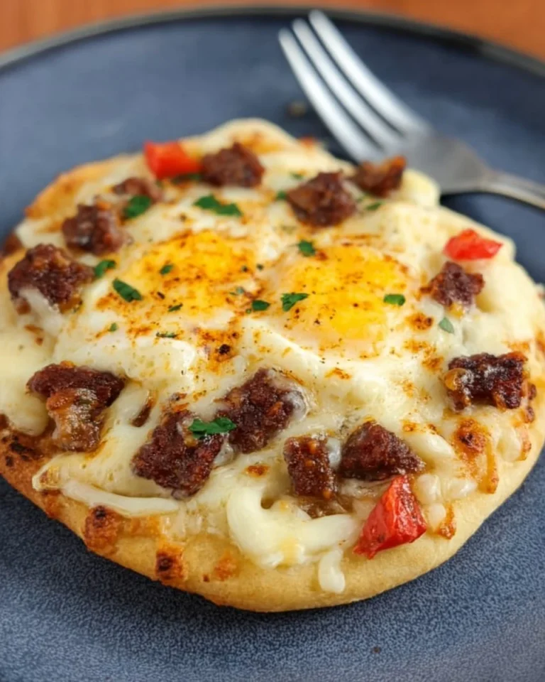 Easy Air Fryer Breakfast Pizza topped with eggs, cheese, and toppings.