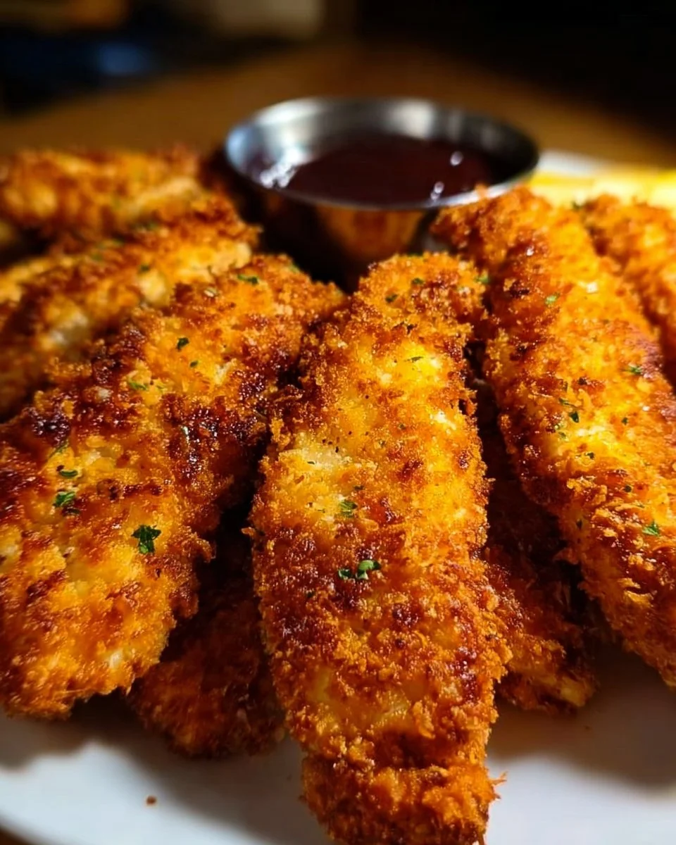 Crispy air fryer chicken tenders served with dipping sauce