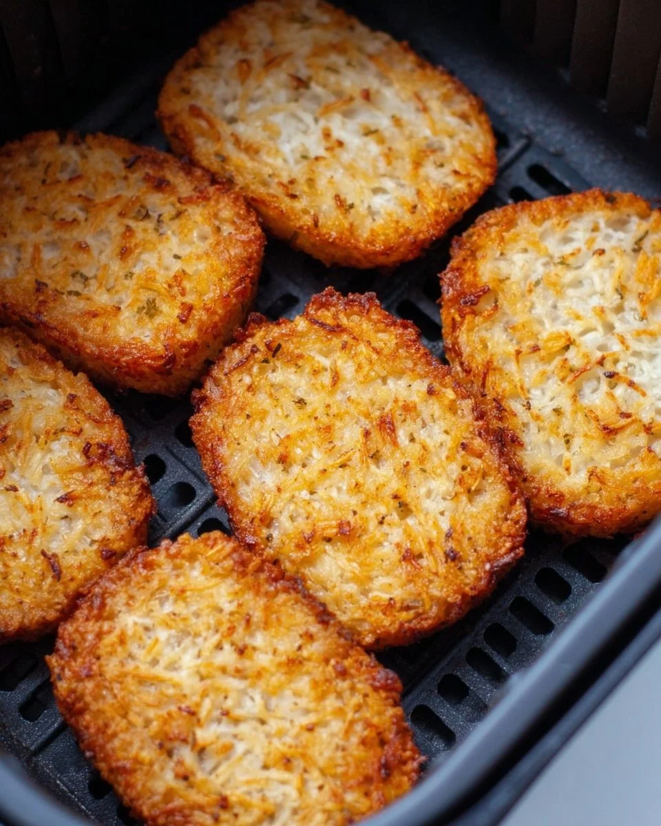 Crispy frozen hash brown patties cooked in an air fryer