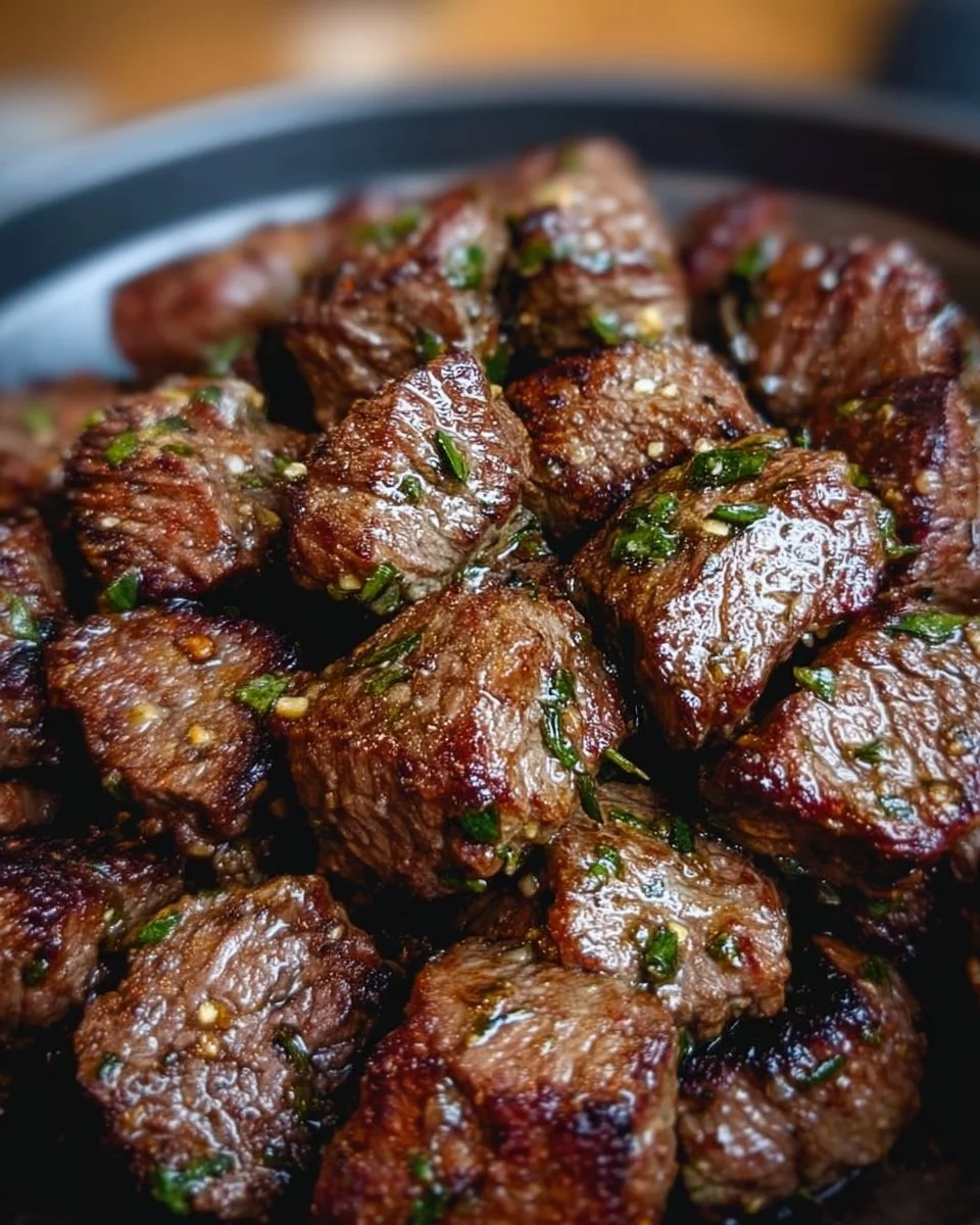 Delicious Garlic Butter Air Fryer Steak Bites served hot and ready to enjoy.