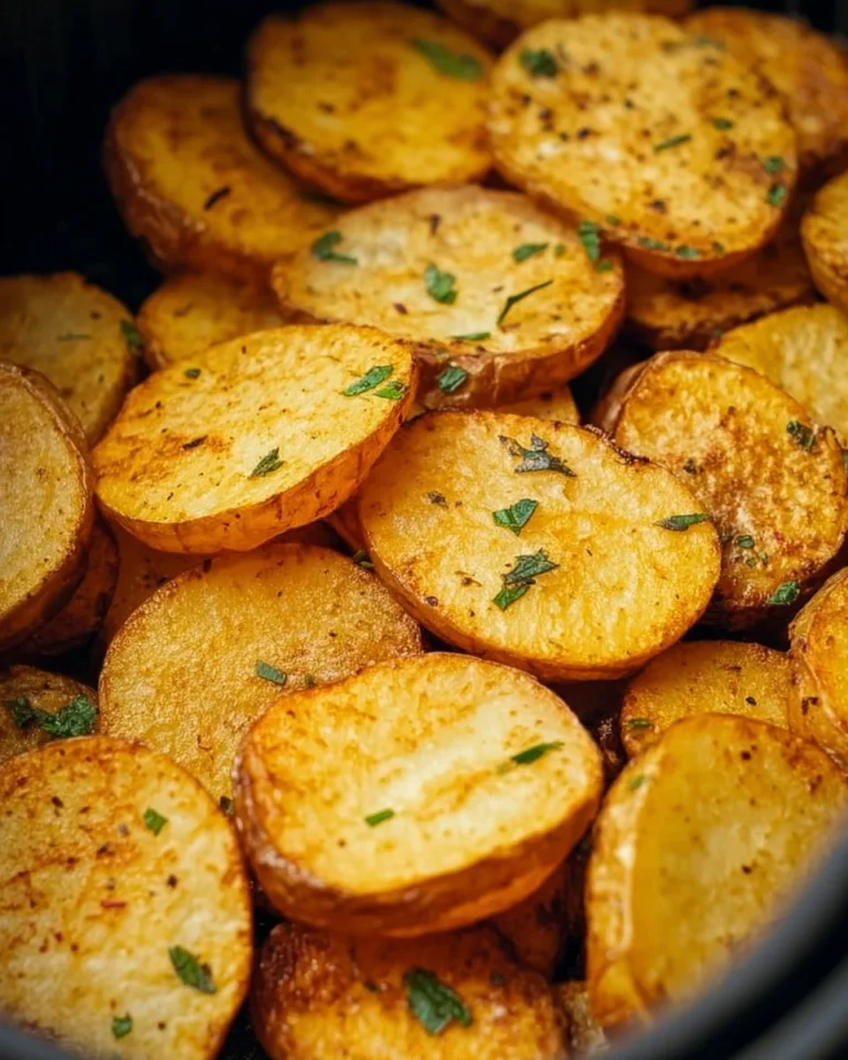 Golden sliced potatoes cooked in an air fryer for a crispy finish