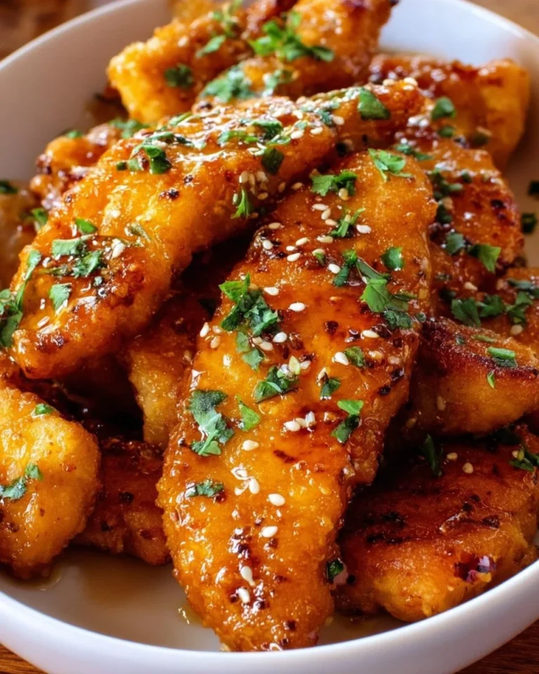 Honey Garlic Chicken Tenders plated with fresh herbs and garnish