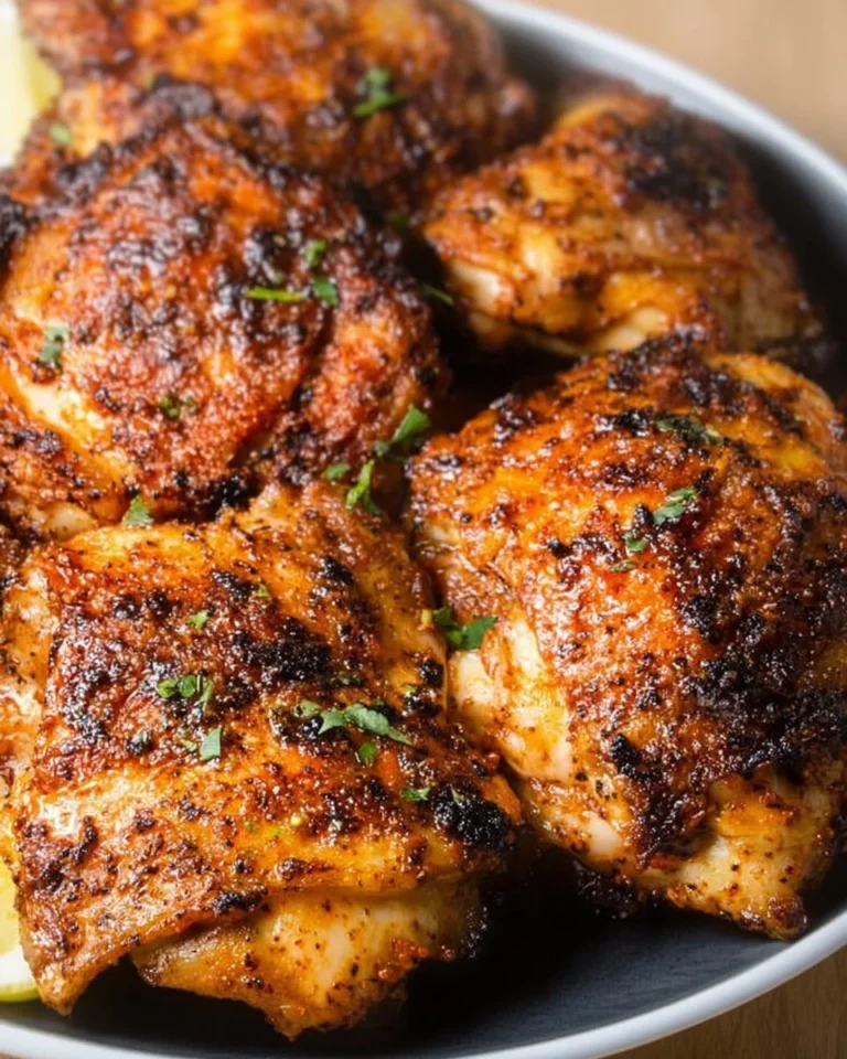 Juicy and crispy air fryer chicken thighs served on a plate