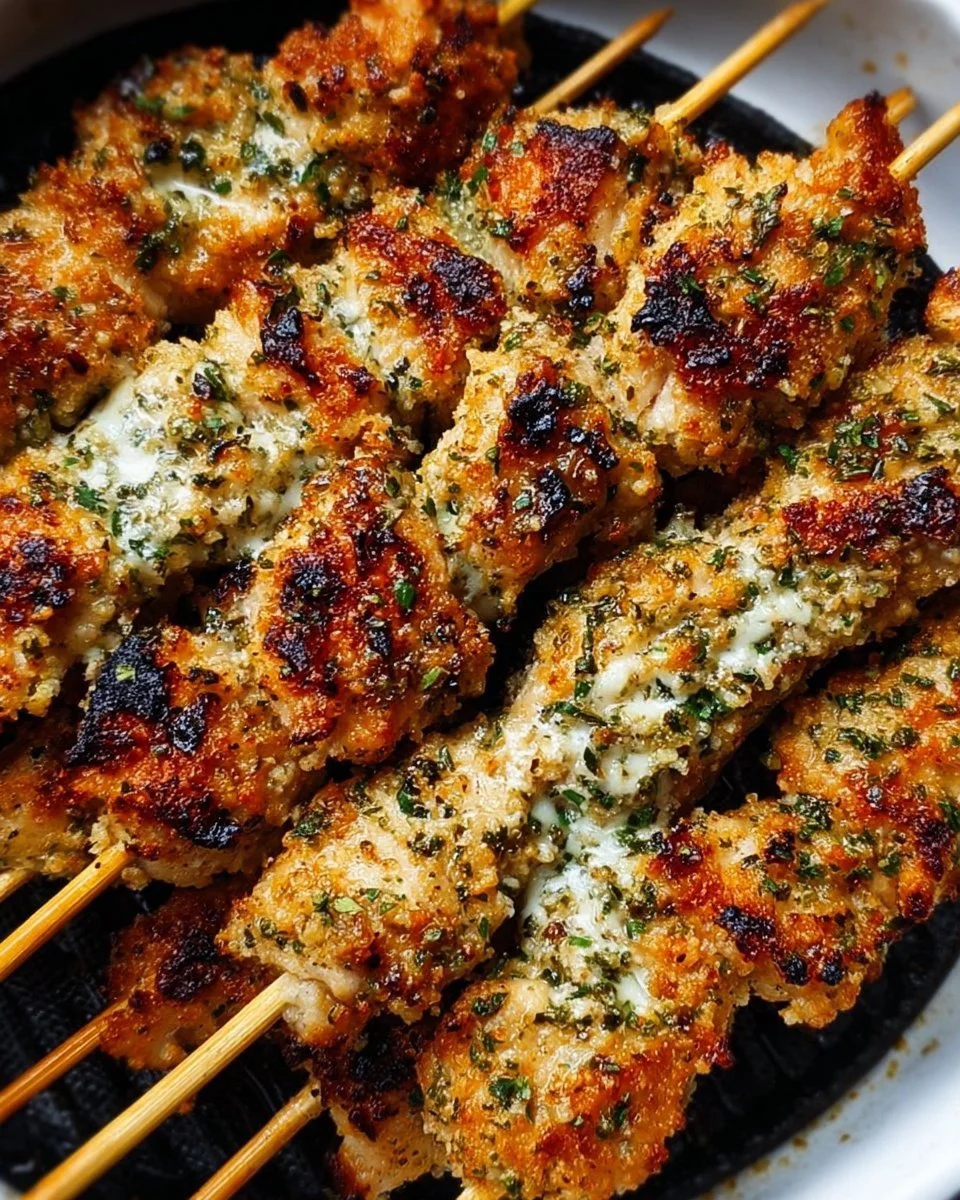 Juicy Ranch Garlic Parmesan Chicken Skewers on a grill