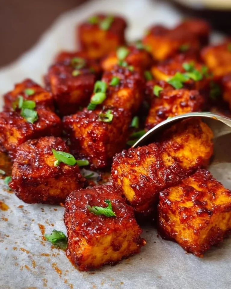 Delicious oven-baked and air fryer BBQ tofu on a plate with garnish.