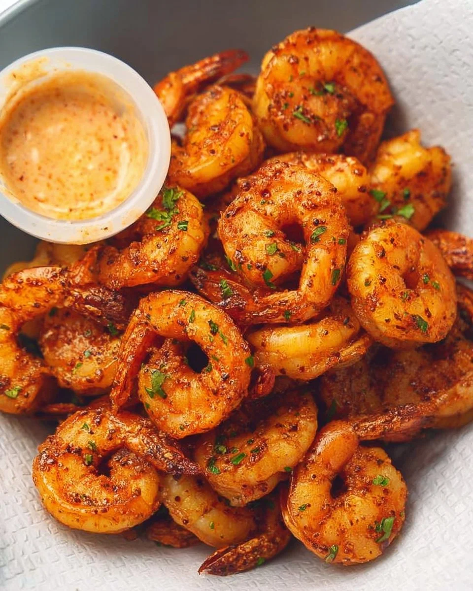 Deliciously cooked air fryer shrimp served on a plate with seasoning