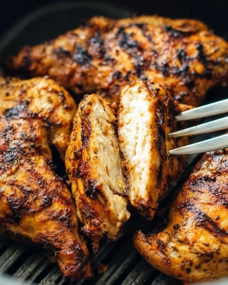 Super tender air fryer grilled chicken served on a plate with herbs.
