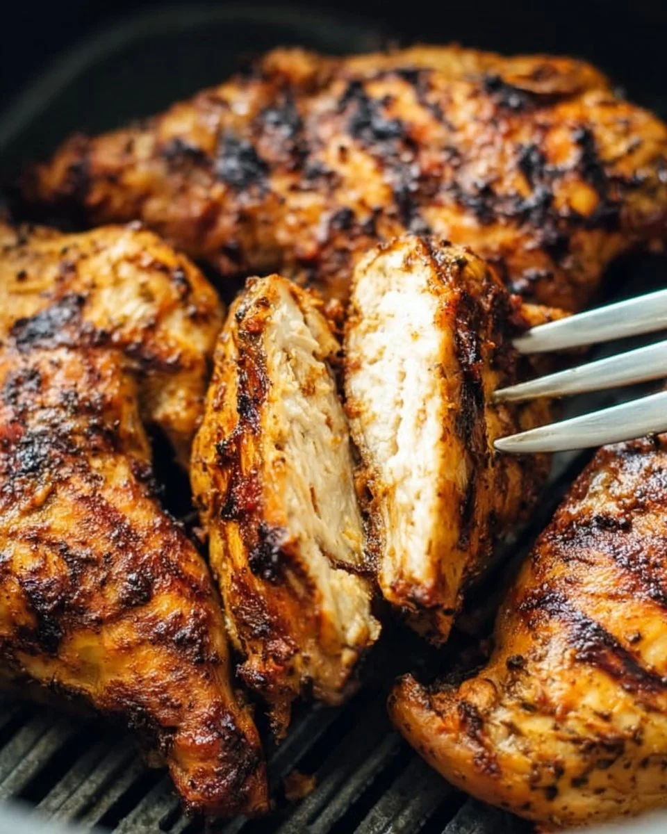Super tender air fryer grilled chicken served on a plate with herbs.