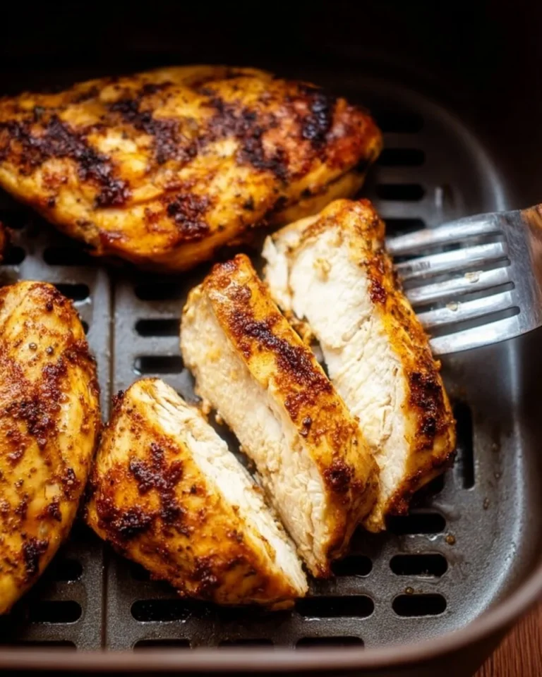 Tender air fryer grilled chicken served on a plate with herbs