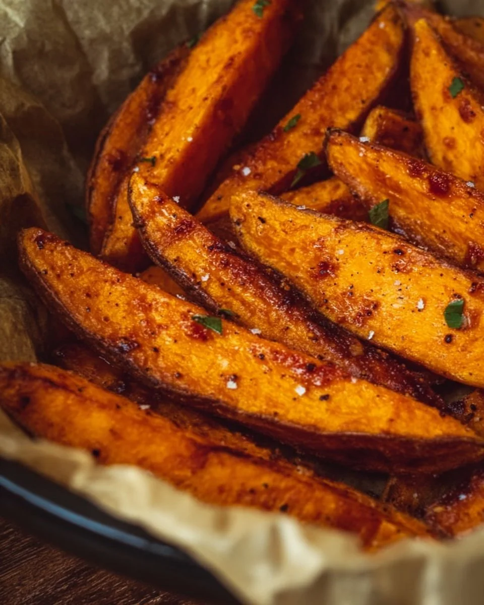 Golden-brown sweet potato wedges made in an air fryer